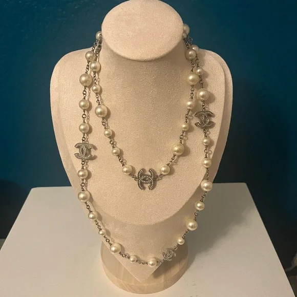 CHANEL Necklace Chain AUTH Coco 5 CC Logo Crystal Pearl 41 Inches